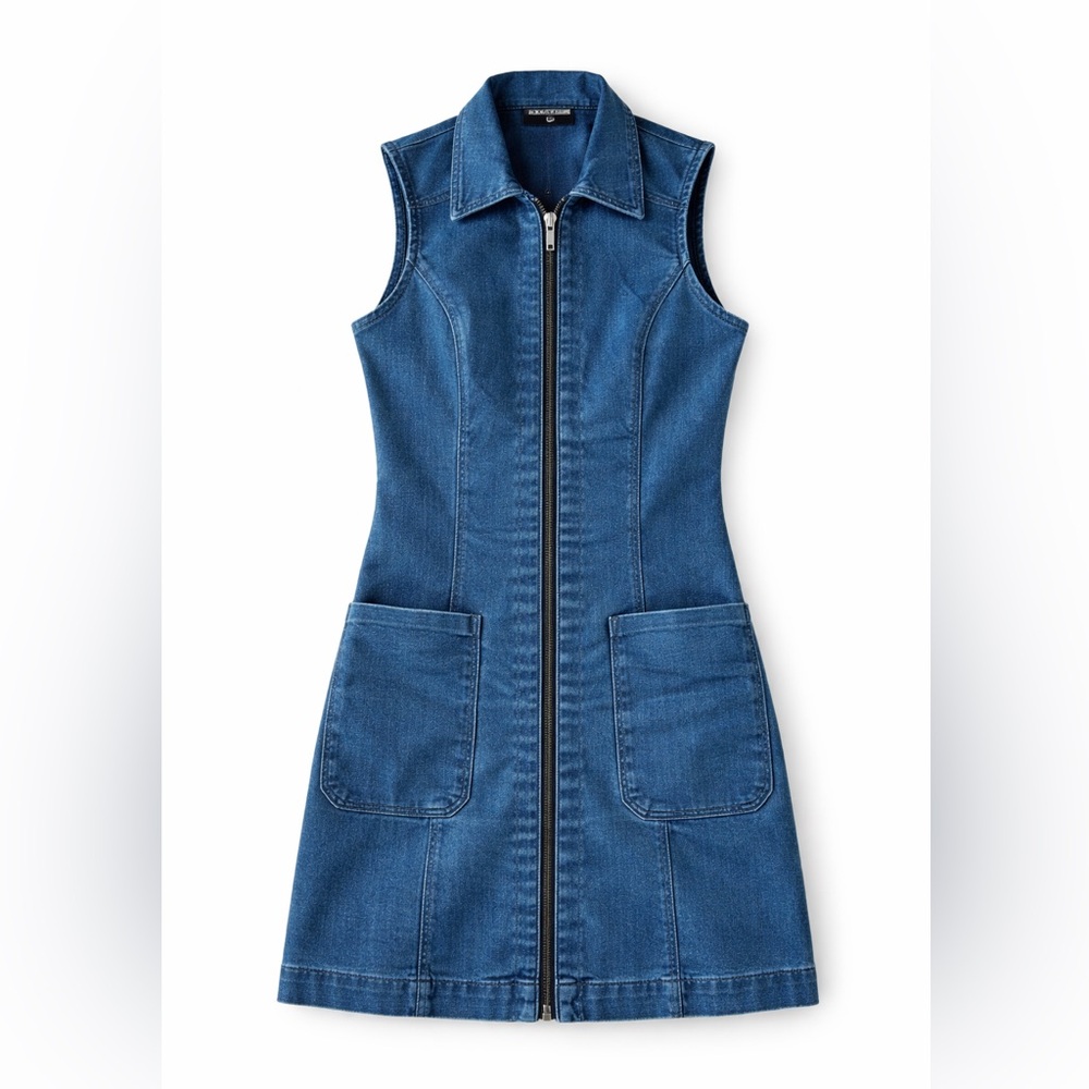 Sharagano Denim Zip Front Mini Dress Sleeveless Utility Dress Size 4